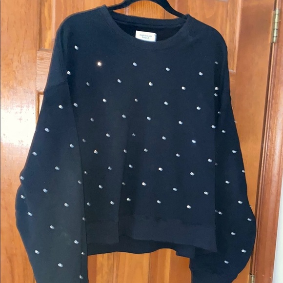 American Eagle Outfitters Crop CrewBlack Sweatshirt with Rhinestones - Picture 3 of 6